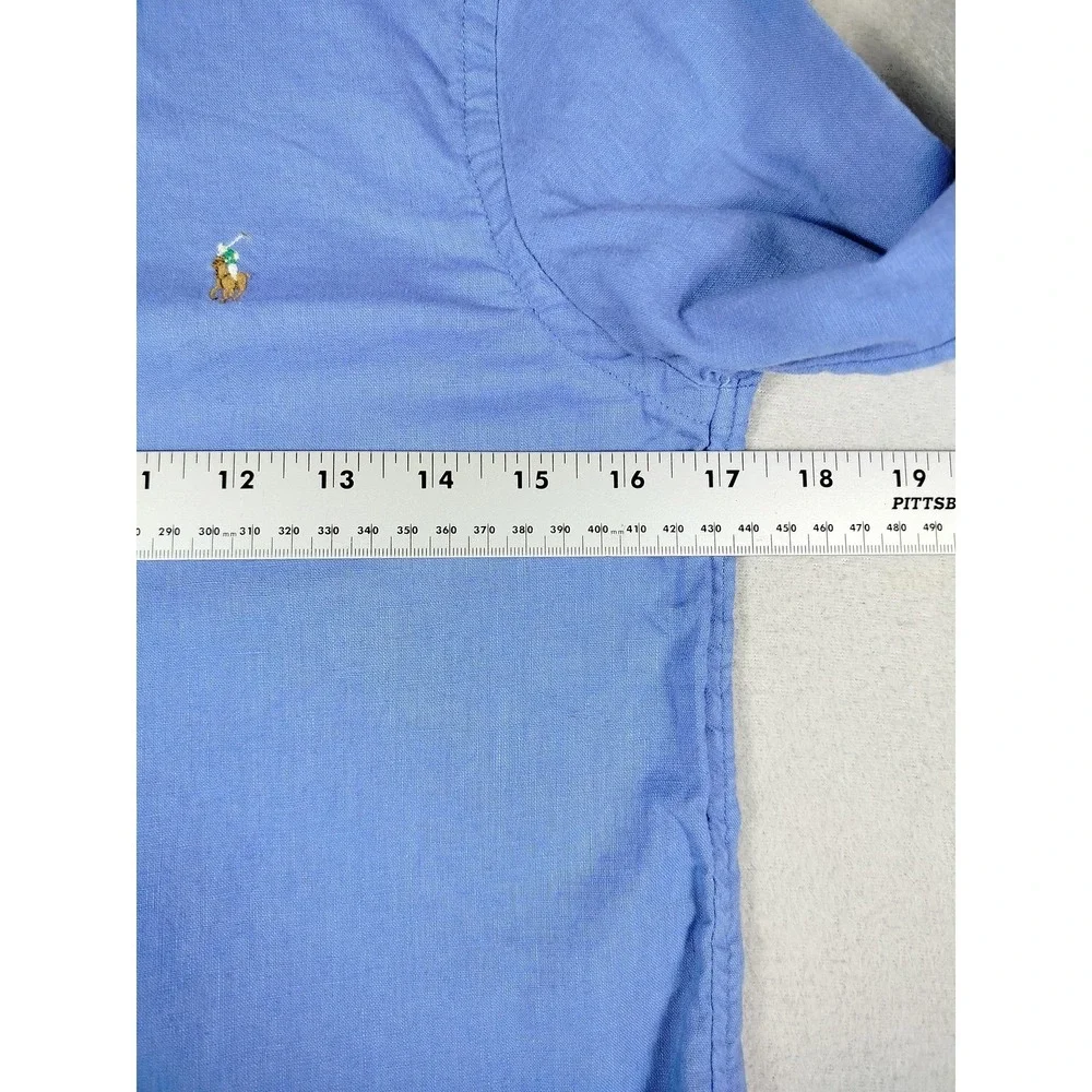Ralph Lauren Shirt Youth Medium 10-12 Blue Linen Cotton Button Down Pony‎ Logo